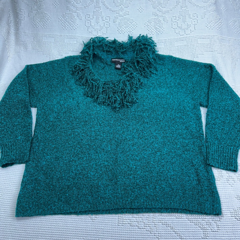 Norton McNaughton Woman Teal Marl Fringe Neck Knit Sweater 1X Plus Size